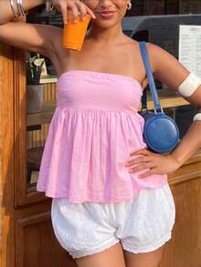 Women Summer Babydoll Tube Top Y2k Solid Color Strapless Off The Shoulder Loose Fit Flowy Bandeau Crop Tops Backless Sleeveless Going Out Vest Shirt - 粉色 - 查看 3