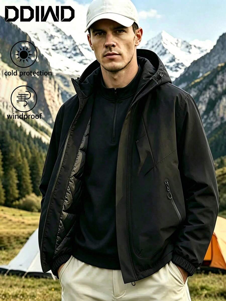 Men's Outdoor Zipper Drawstring Hooded Padded Coat, Casual Outdoor Winter Coat With Zipper Pockets, Men's Jacket - Black - View 1