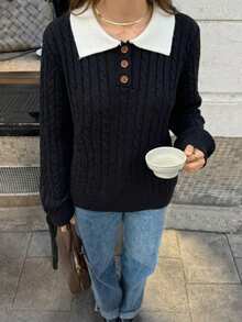 Sweater Wanita Kasual Nyaman dengan Kancing Warna Kontras untuk Perjalanan, Pakaian Sehari-hari, di Rumah, Kencan, Musim Gugur/Dingin - Hitam - View 4