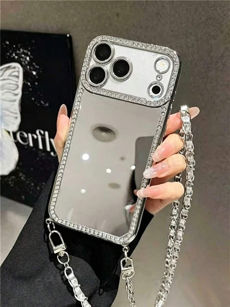 A Leather Chain Lanyard Rhinestone Electroplated Laser Engraved Mirror TPU Phone Case Compatible With IPhone17/16/11 Pro/11 Pro Max/12/Phone 12 Pro/11 Pro Max/ 12/ 12 Pro/12 Pro Max/ 13/ 13 Pro/13 Pro Max/ 14/ 14 Pro/ 16 Plus/14 Pro Max/ 15/ 15 Pro/ 15 Plus/16 Pro Max/Protective Case - Silver - View 1