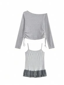 Bowknot Ruched Lace 2pcs Set Minimalist Sexy Style Sexy Cold Shoulder Top + Camisole - Grey - View 6