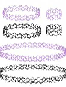 6Pcs Tattoo Choker Set Stretchy 90s Necklace Bracelet And Rings For Women - Multicolor - View 8