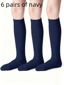 6/1 Pair Cable Knit High Tube Socks, Unisex Kids Seamless Uniform Dress Socks, Suitable For Autumn/Winter Daily Wear, Back To School, White, Navy Blue - Multicolor - View 13