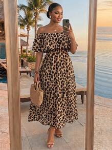 SHEIN Lady CURVE Plus Size Women's Leopard Print Off Shoulder Ruffle Waist A-Line Maxi Dress With Side Slit,Beige Summer Boho Beach Holiday Tropical Outfits - Khaki - View 1