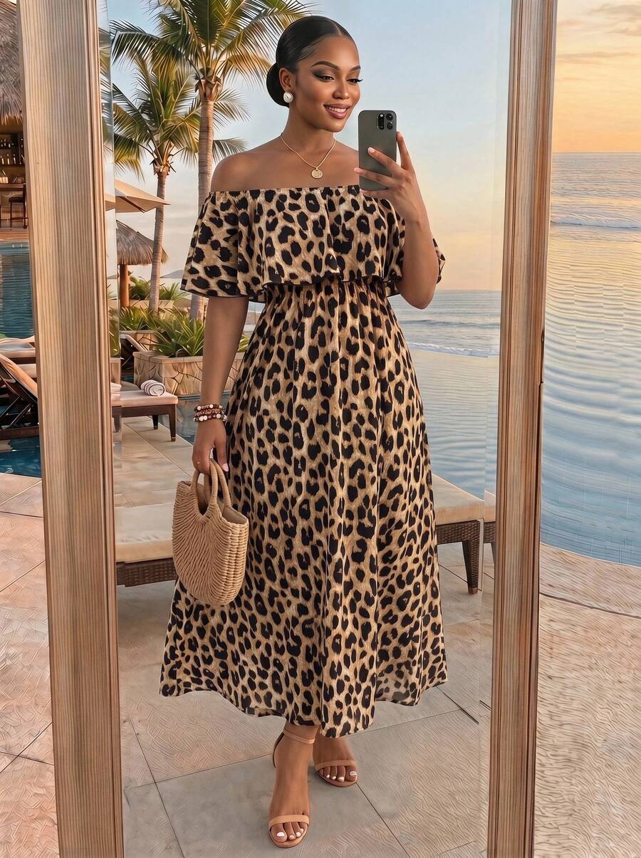 SHEIN Lady CURVE Plus Size Women's Leopard Print Off Shoulder Ruffle Waist A-Line Maxi Dress With Side Slit,Beige Summer Boho Beach Holiday Tropical Outfits - Khaki - View 1