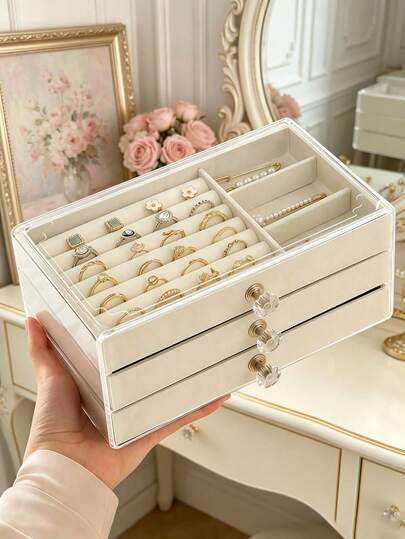 1pc Exquisite Jewelry Storage Box With Anti-Oxidation Function, Can Display Earrings, Necklaces, Rings, Velvet And Acrylic Material, Accessory Storage Box, Valentine's Day Gift, Jewelry Box, Storage Bag, Makeup Brush Holder, Makeup Brush Storage Box, Perfume Storage Box, Storage Bag