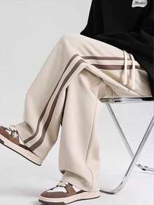 Plus Size Men's Loose Straight Leg Side Contrast Stripe Streetwear Casual Sports Sweatpants, Versatile For Spring/Autumn Daily Outings And Campus Hanging Out - Khaki - View 4
