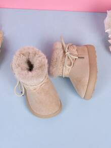 1 Pair Girls' Lace Bow Snow Boots, Thermal Lined, Thick Fur Trim, Soft Sole, Anti-Slip, Autumn/Winter - Beige - View 5