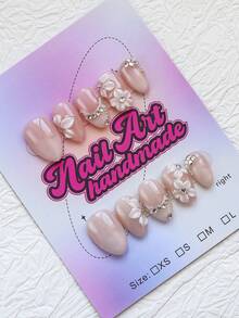 10pcs Handmade Short Almond Shape Y2K Style Nail Stickers, Nude Color, 3D White Flower, Shiny Rhinestone Chain Decor, Suitable For Women, Party, Prom, Daily Wear, Includes Tool Set - Nude - View 3