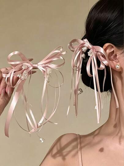 2Pcs/1pc Pink Satin Ribbon Bow Hair Clips With Lily Of The Valley Tassel, Sweet Long Streamer Side Barrettes, Women Romantic Hair Accessories