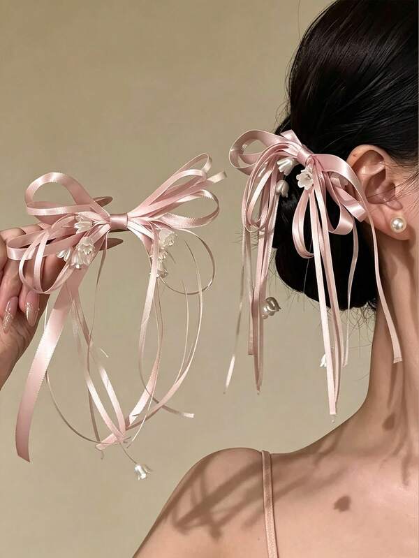 2Pcs/1pc Pink Satin Ribbon Bow Hair Clips With Lily Of The Valley Tassel, Sweet Long Streamer Side Barrettes, Women Romantic Hair Accessories