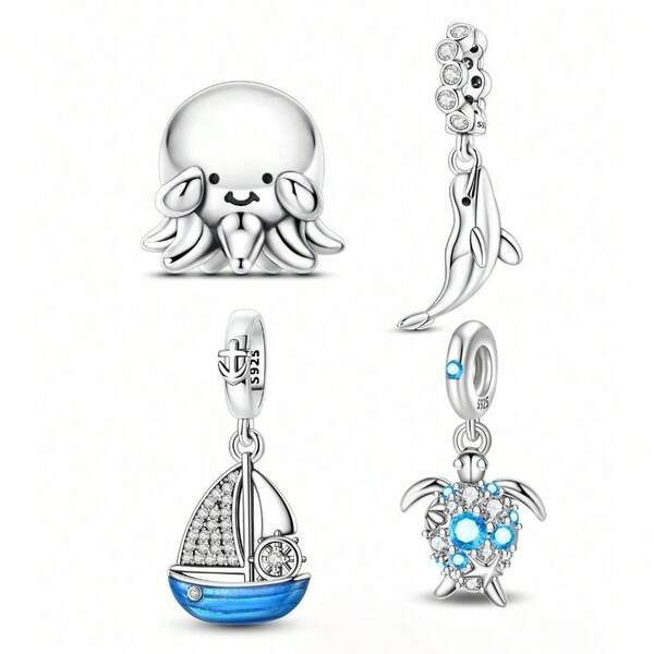 1pc Silver-Plated Ocean Style Beaded Charm, Cute Octopus, Rhinestone Dolphin, Blue Enamel Sailboat, Colorful Rhinestone Turtle, Fresh Blue Zirconia Accents, Nautical Healing Design, Suitable For Bracelet Necklace, Handmade DIY Jewelry, Beach Vacation Theme Gift Accessory