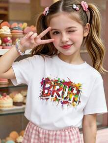 Short-Sleeve T-Shirt Featuring A Colorful Paint-Splatter 'BRUH' Graffiti Text Print, Playful Street-Art Inspired Graphic Top For Tween Girl - White - View 2