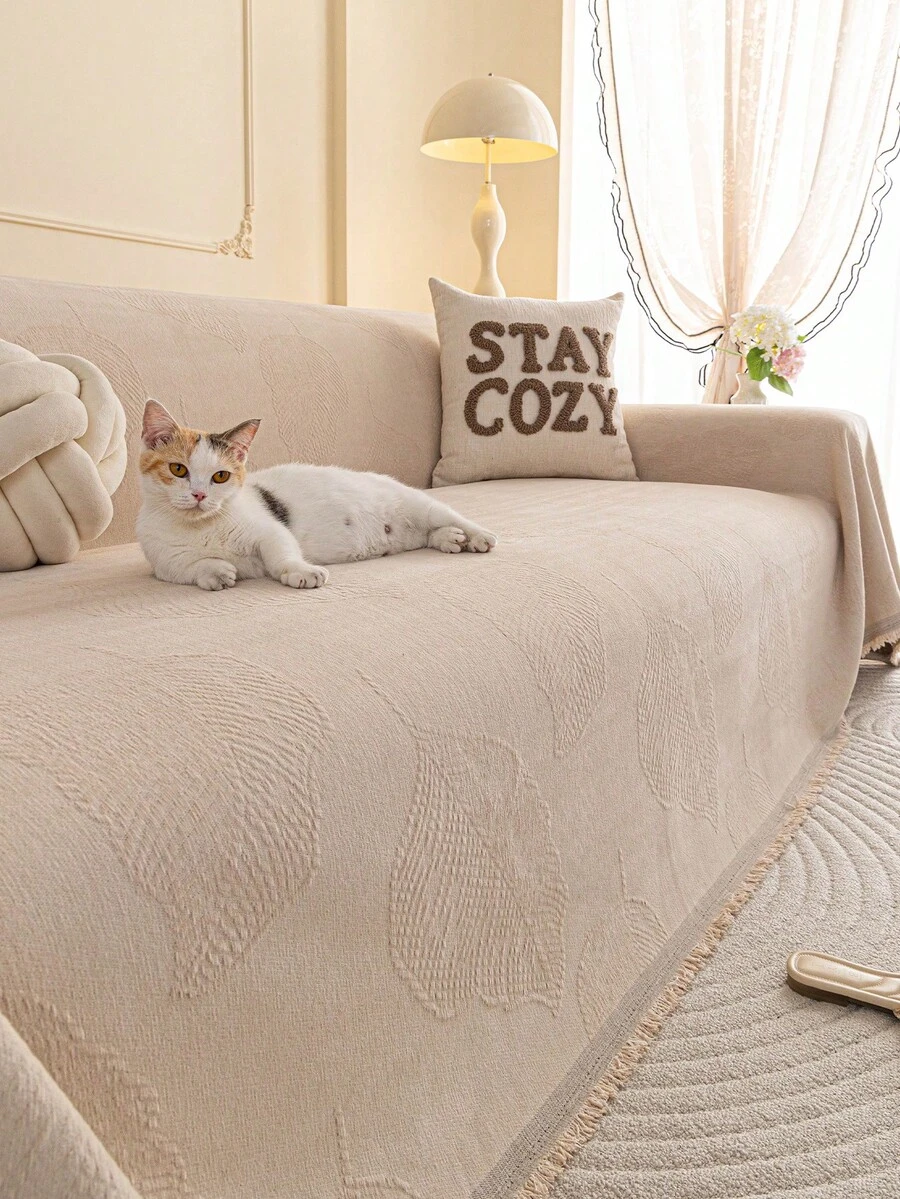 1pc Nordic Cream Style Plant Pattern All-Season Chenille Sofa Cover, Machine Washable, Pet-Friendly Sofa Slipcover, Suitable For 1/2/3/4 Seater And Sectional Sofas, For Bedroom And Living Room Home Decor - Khaki - View 1