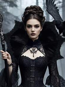 1pc Dark Theme Vampire Lace Cape With Stand-Up Collar, Embroidered Fan-Shaped Mesh Design With Spider Web Pattern, Perfect For Halloween Party, Cosplay Props - Multicolor - View 5