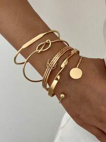 15/6/5pcs Bohemian Style Vintage Wavy Texture Smooth Surface Bracelet Set Multi-Element - Yellow Gold - View 9