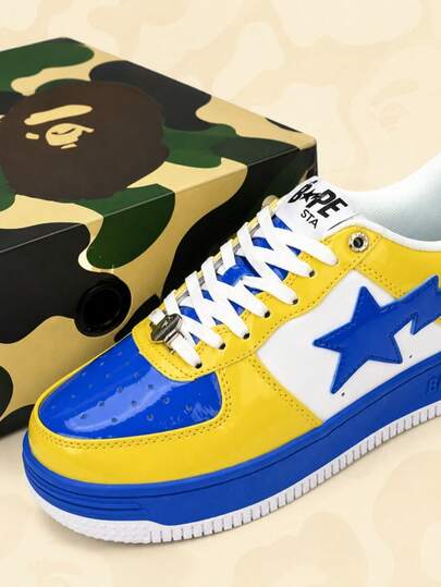 BAPE STA Unisex Low-Top Skateboard Sneakers A BATHING APE Yellow & Blue Colorblock Thick Sole Training Shoes Smooth Street Casual Shoes Couple Daily Wear