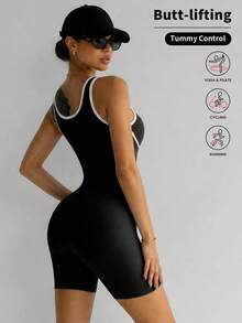 European & American Style Seamless Yoga Jumpsuit, Black & White Contrast Trim Ribbed Fitness Jumpsuit, Casual Versatile Everyday Wear Sports - Black - View 3