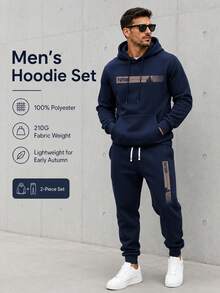 Men's Lightweight Spring/Fall Hoodie And Jogger Set With Futuristic Letter & Christmas Tree Print, Pockets And Drawstring Waist, Gift For Him - Blue - View 3