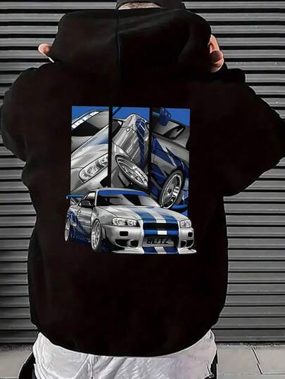 Sudadera con capucha Hombre Oversize hombros caídos estampado trasero plano técnico auto deportivo GTR NISMO bolsillo canguro estilo automovilístico casual juvenil uso diario