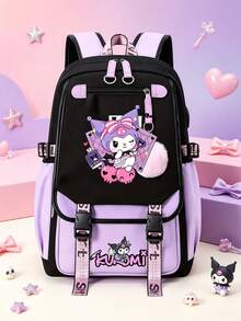 SANRIO Kawaii Kuromi Print Backpack, Contrast Color Large Capacity Multi-Pocket School Bag, Preppy Durable Daypack For Daily Commute Back To School Travel - Multicolor - View 2
