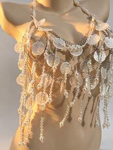 ZHENGHEN Shell Slice Pearl Tassel Fringe Halter Body Chain Crop Top, Hollow Beaded Chain Mesh Harness Vest, Boho Beach Bikini Layering Cover Up For Women - White - View 5