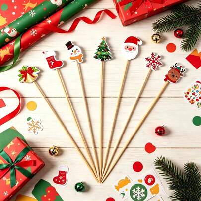 400/200/100/80/20/1pc Christmas Themed Bamboo Skewers Cake Toppers, Santa Claus Snowman Reindeer Christmas Tree Snowflake Shapes, Party Dessert Cupcake Decoration, Holiday Baking Platter Atmosphere Accessories, Assorted Styles Mixed Decorative Picks