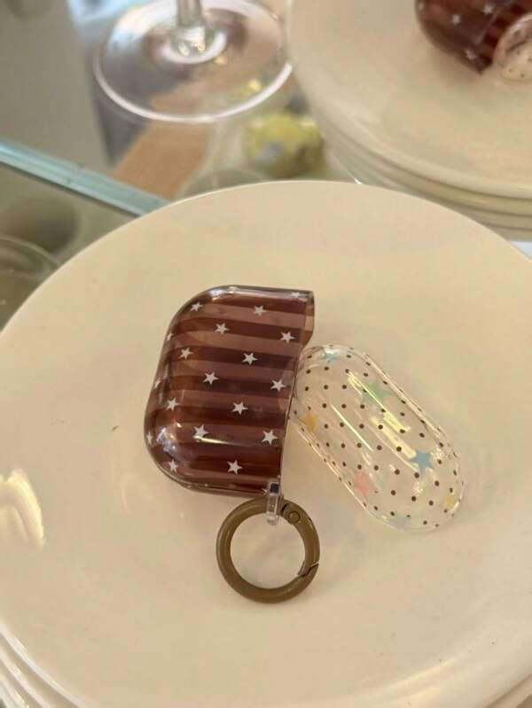 1pc Glossy Transparent Earbud Case 2 Styles, Brown Striped Star & Polka Dot Colorful Star Print, With Brown Spring Ring Clasp, Soft TPU Shockproof Protective Cover Compatible With AirPods4 1,2,3,Pro,Pro2,Pro3