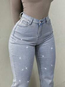 Women's High-Waist Flare Jeans, Decorated With Rhinestones, Medium Stretch Woven Fabric, Long Pants Design, With Zipper And Pockets, Perfect Choice For Autumn - Light Wash - View 1