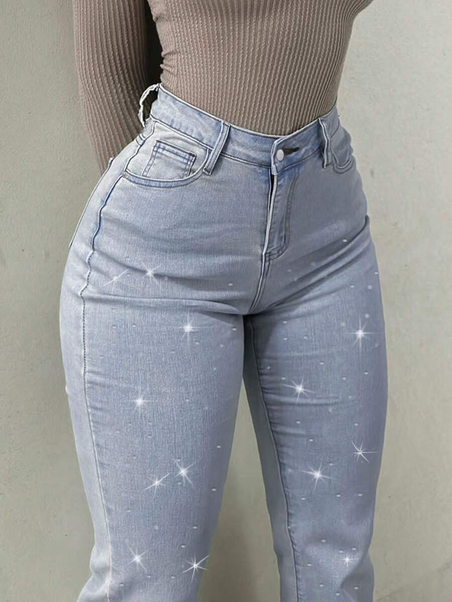 Women's High-Waist Flare Jeans, Decorated With Rhinestones, Medium Stretch Woven Fabric, Long Pants Design, With Zipper And Pockets, Perfect Choice For Autumn - Light Wash - View 1