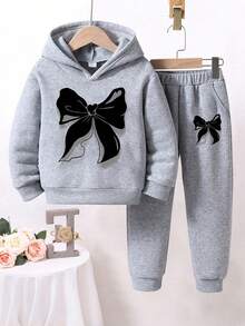 Girls' Bow Pattern Warm Hoodie And Sweatpants - Grey - View 1