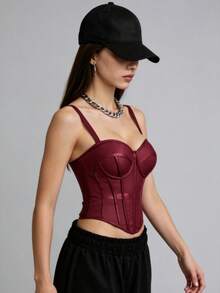 Women's Classic Spaghetti Strap Design Shaping Fishbone Corset Camisole - Red - View 2
