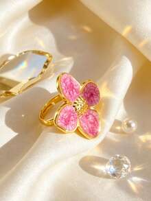 1 buah Cincin Tunggal Wanita Elegan Bergaya Stainless Steel dengan Motif Daun Semanggi, Cocok untuk Kencan/Liburan - Yellow Gold - View 8