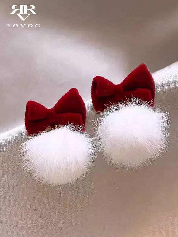1 Pair Elegant & Cute Flocked Bow & Pom Pom Earrings, Suitable For Women To Wear At Autumn/Winter Parties