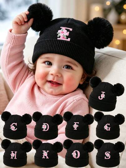 1 Buah Topi Rajut Bayi Bordir Personalisasi, Topi Musim Dingin Anak, Topi Beanie Rajut Balita dengan Pom Pom Ganda untuk Bayi Perempuan dan Laki-laki Usia 0-3 Tahun