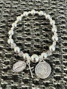 3pcs Religious Cross & Virgin Mary Faux Pearl Bracelet Set, Daily & Holiday Matching, Jewelry Gift, Religious Gift - Multicolor - View 3