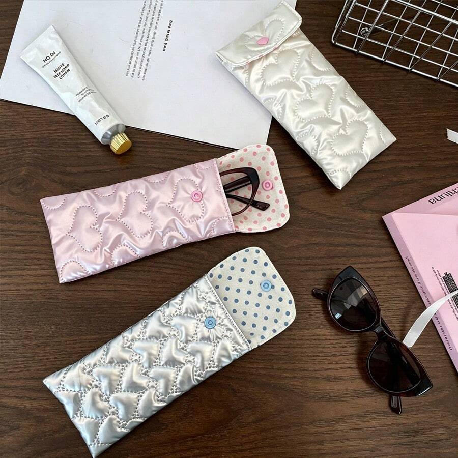 Ins Glossy Bow & Heart Embossed Glasses Storage Bag, Travel Portable Fashion Glasses Organizer, Multi-Function Small Item Storage - Multicolor - View 1