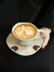 1pc Set Personalized Cute Style Coffee Cup & Saucer, Bear Ceramic Cup & Saucer, Suitable For Club, Home, Coffee Shop, Restaurant Use - WX190-bear - View 1