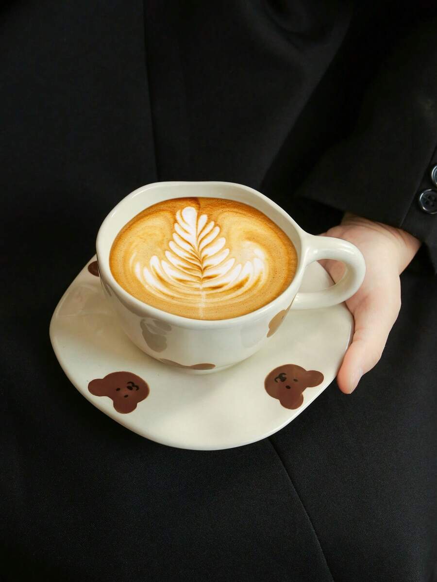 1pc Set Personalized Cute Style Coffee Cup & Saucer, Bear Ceramic Cup & Saucer, Suitable For Club, Home, Coffee Shop, Restaurant Use - WX190-bear - View 1