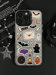 1pc Halloween Ghost Bat Pumpkin Envelope Spooky Mail Sticker Pattern IMD Matte Silver Raised Metal Lens Frame Full Coverage Anti-Drop Hard Shell Phone Case Compatible With All Apple Models Cute Quirky Subculture Ins Niche Unisex Phone Protective Cover - Silver - View 2