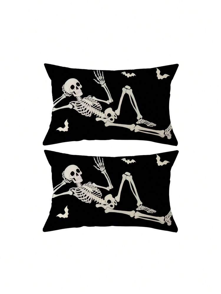 1/2/4pcs Gothic Retro Skull & Bat Throw Pillow Cover - Single-Sided Zippered Cushion Case Suitable For Sofa Couch Bed Chair, Machine Washable Skull Bat Decor For Halloween Decor - Black and White - View 9