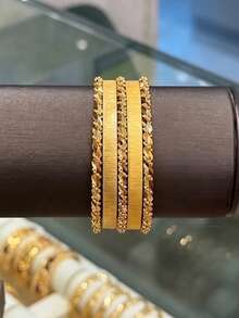 21K Gold Plated Banajer Bangles Set For Women, Rust-Resistant Gold Alternative Striated Matte & Twisted Rope Stackable Bracelets Fine Jewellery - 01 - View 6