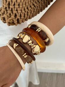 Set Gelang Bulat Akrilik Vintage Elegan 4/3/1 buah, Cocok untuk Pemakaian Sehari-hari Wanita - MultiWarna - View 4