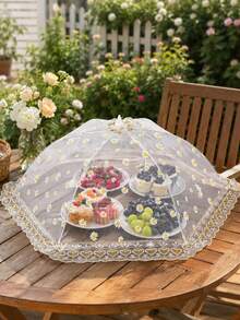 1pc Daisy Pattern Foldable Food Cover Mesh, Embroidered Daisy Mesh Decoration, Mosquito-Proof Tablecloth, Home Tablecloth, Large Foldable Food Cover, Fly-Proof Kitchen And Outdoor Camping Mesh, Food Cover, Home Vegetable Cover, Foldable Vegetable Cover, Home Dining Table Food Cover, Fly-Proof Mesh, Dust-Proof Outdoor Use, Table Protector, Food Platter Accessory, Spring/Summer Outdoor Picnic, Camping Essential - Multicolor - View 4
