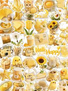 50 Pcs Yellow Fluffy Plush Vinyl Stickers, Glossy Realistic Floral Dessert Puppy Duck Cat Bow Decals, Warm Cream Pastel Waterproof Stickers For Vision Board, Journal, Laptop, Tablet & Scrapbook Crafts - Multicolor - View 6