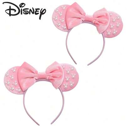Disney Pink Velvet Minnie Mouse Headband, Pearl Decorated Bow, Theme Park Photo Accessory, Birthday Gift