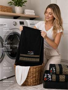 2pcs/1pc Luxury Geometric Skull Embroidered Towel Set, Ultra Soft Quick Dry, Halloween Themed Bathroom Decor, Perfect Gift For Your Partner - Black - View 6