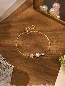 1PC Dainty 14K Gold Thin Chain Bracelet, Single White Pearl Charm Delicate Wrist Jewelry, Minimalist Elegant Bracelet For Women Wedding Daily Party - Gold - View 2