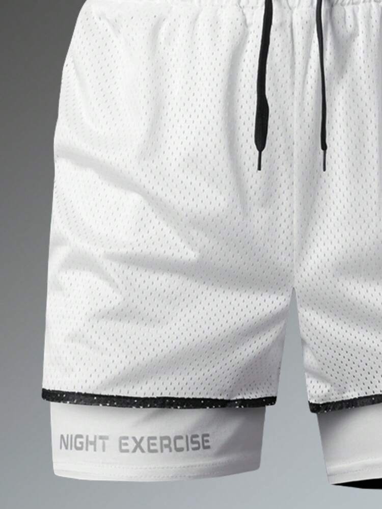 Men's 2-In-1 Summer Sports Quick-Dry Shorts, Elastic Casual Pants, Double Layer Compression Shorts With Letter Print, Men's Pants, Boyfriend - White - View 5