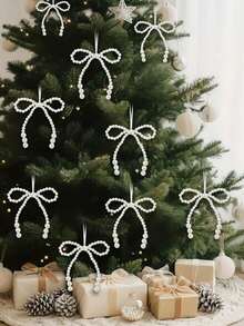 12/6/1pc Elegant Faux Pearl Bow Christmas Tree Hanging Ornament Pendant, Holiday Party Home Decor, Holiday Season Accessory, White Pearl Bow Pendant, Winter Theme Decoration, Room Accent Ornament - Multicolor - View 7